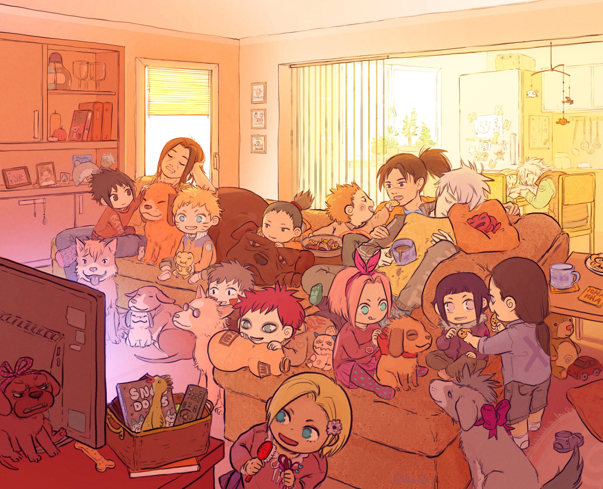 Anime-themed HD desktop wallpaper featuring chibi versions of Naruto characters including Sasuke Uchiha, Shikamaru Nara, Gaara, Ino Yamanaka, Hinata Hyuga, Neji Hyuga, Sakura Haruno, and Naruto Uzumaki.