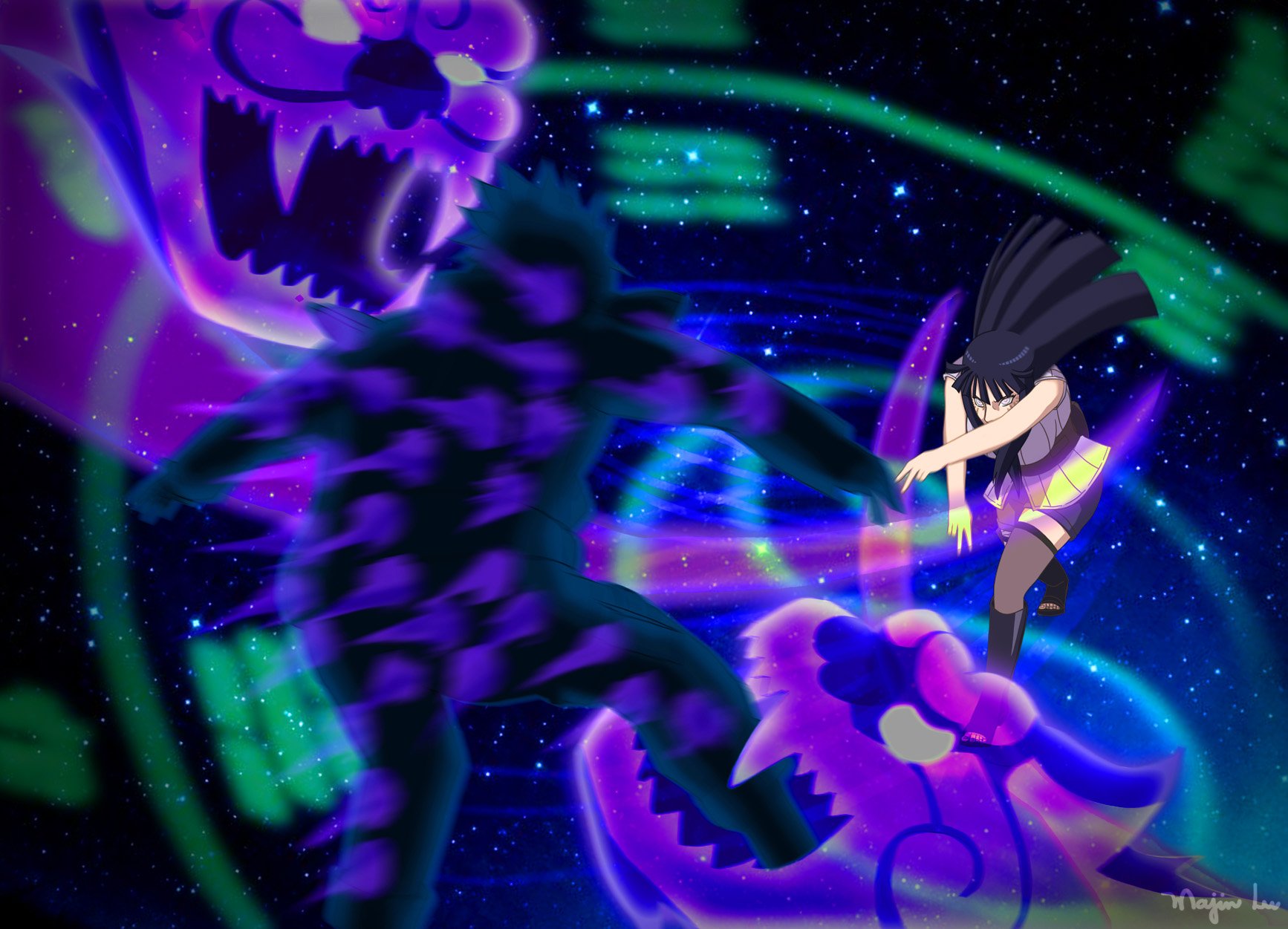 Hinata Hyuga from Naruto battles a shadowy figure amidst a vibrant cosmic backdrop. This HD anime wallpaper captures intense action and stunning visuals.