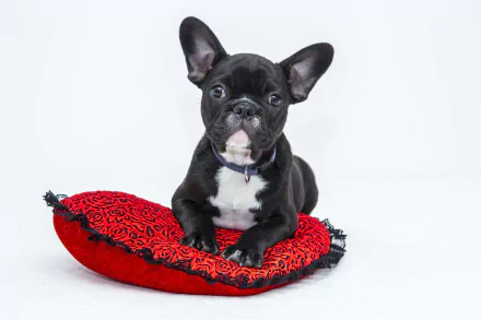 A black French Bulldog puppy rests on an ornate red cushion against a white background, captured in stunning 4K Ultra HD for PC desktop wallpaper.