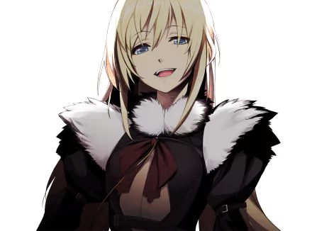 HD anime wallpaper from Guilty Crown: Lost Christmas featuring a blonde, blue-eyed character with long hair wearing a dark outfit with white fur trim.