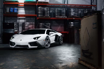 A sleek white Lamborghini Aventador LP 700-4 parked in an industrial setting, surrounded by stacks of tires, creating a striking HD desktop background.