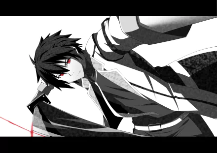 HD wallpaper featuring Ikki Kurogane from the anime Chivalry of a Failed Knight, showcasing his dynamic pose and striking red eyes against a monochrome background.