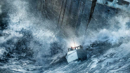 A small boat battles towering waves in a dramatic scene from the movie The Finest Hours, captured in vivid 4K Ultra HD for a PC desktop wallpaper.