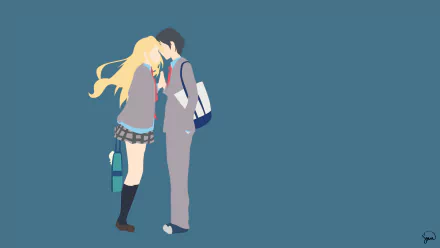 A stylish HD desktop wallpaper featuring Kousei Arima and Kaori Miyazono from the anime Your Lie in April, capturing a tender moment between the two characters.