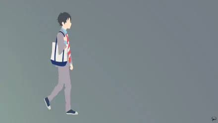 HD PC desktop wallpaper featuring Kousei Arima from the anime Your Lie in April, depicted walking against a minimalist gray background.