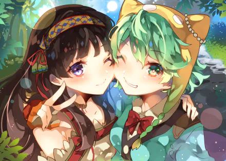 HD desktop wallpaper featuring Shallotte Elminus and Shallistera Argo from Atelier Shallie: Alchemists of the Dusk Sea, smiling and winking with animal ears and colorful hair.