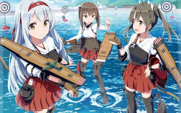 Anime characters Zuikaku, Taihou, and Shoukaku from Kantai Collection pose playfully against a vibrant ocean backdrop, showcasing their unique outfits and weapons in this HD desktop wallpaper.