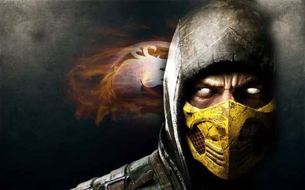High-definition wallpaper featuring Scorpion from Mortal Kombat X, showcasing his iconic yellow mask and intense gaze with a fiery background representing the game's themes.