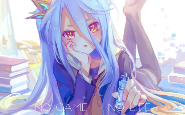 Anime No Game No Life Long Hair Orange Eyes Book Crown Shiro Blue Hair Blush Thigh Highs Barefoot HD Wallpaper | Background Image