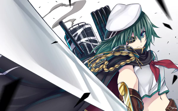 A fierce warrior from Kantai Collection, Kiso features green hair and eyes, wearing a hat and eye patch, wielding a sword against a dynamic background. HD Anime desktop wallpaper.
