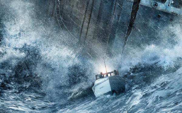 A small boat battles towering waves in a dramatic scene from the movie The Finest Hours, captured in vivid 4K Ultra HD for a PC desktop wallpaper.