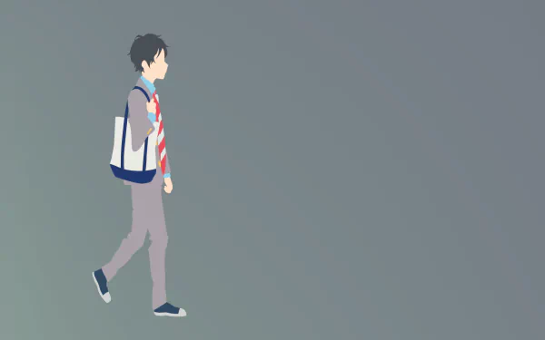 HD PC desktop wallpaper featuring Kousei Arima from the anime Your Lie in April, depicted walking against a minimalist gray background.
