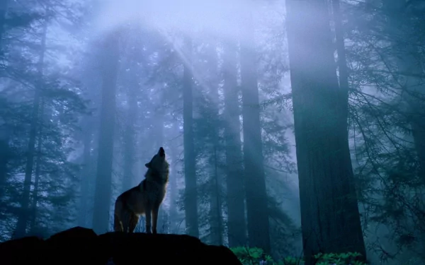 A wolf howls in a foggy forest, illuminated by a sunbeam filtering through towering trees. This serene nature scene captures the essence of wildlife.