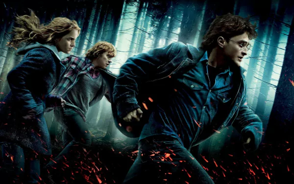 A dramatic HD wallpaper featuring Harry Potter, Hermione Granger, and Ron Weasley in a tense moment from Harry Potter and the Deathly Hallows: Part 1, set in a mysterious forest.