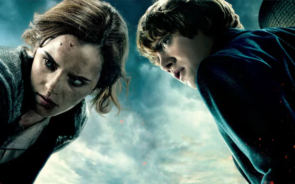 A dramatic HD wallpaper featuring Hermione Granger and Ron Weasley from Harry Potter and the Deathly Hallows: Part 1, set against a stormy backdrop.