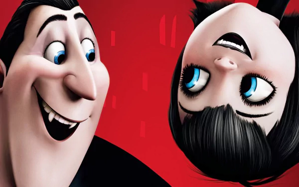 A vibrant HD wallpaper featuring Mavis and Dracula from Hotel Transylvania, showcasing their playful interaction against a striking red background.