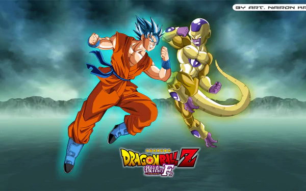 HD desktop wallpaper featuring Goku and Frieza from Dragon Ball Z: Resurrection of F. Goku in his iconic orange gi clashes with Frieza in his golden form against a dramatic sky background.