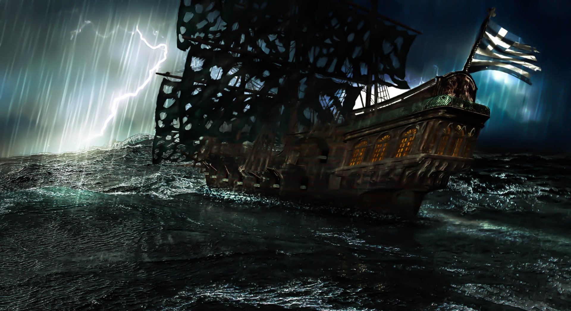 HD PC desktop wallpaper: a Greek ship with a tattered flag ploughs churning seas under dark storm clouds as lightning strikes, a dramatic fantasy scene.