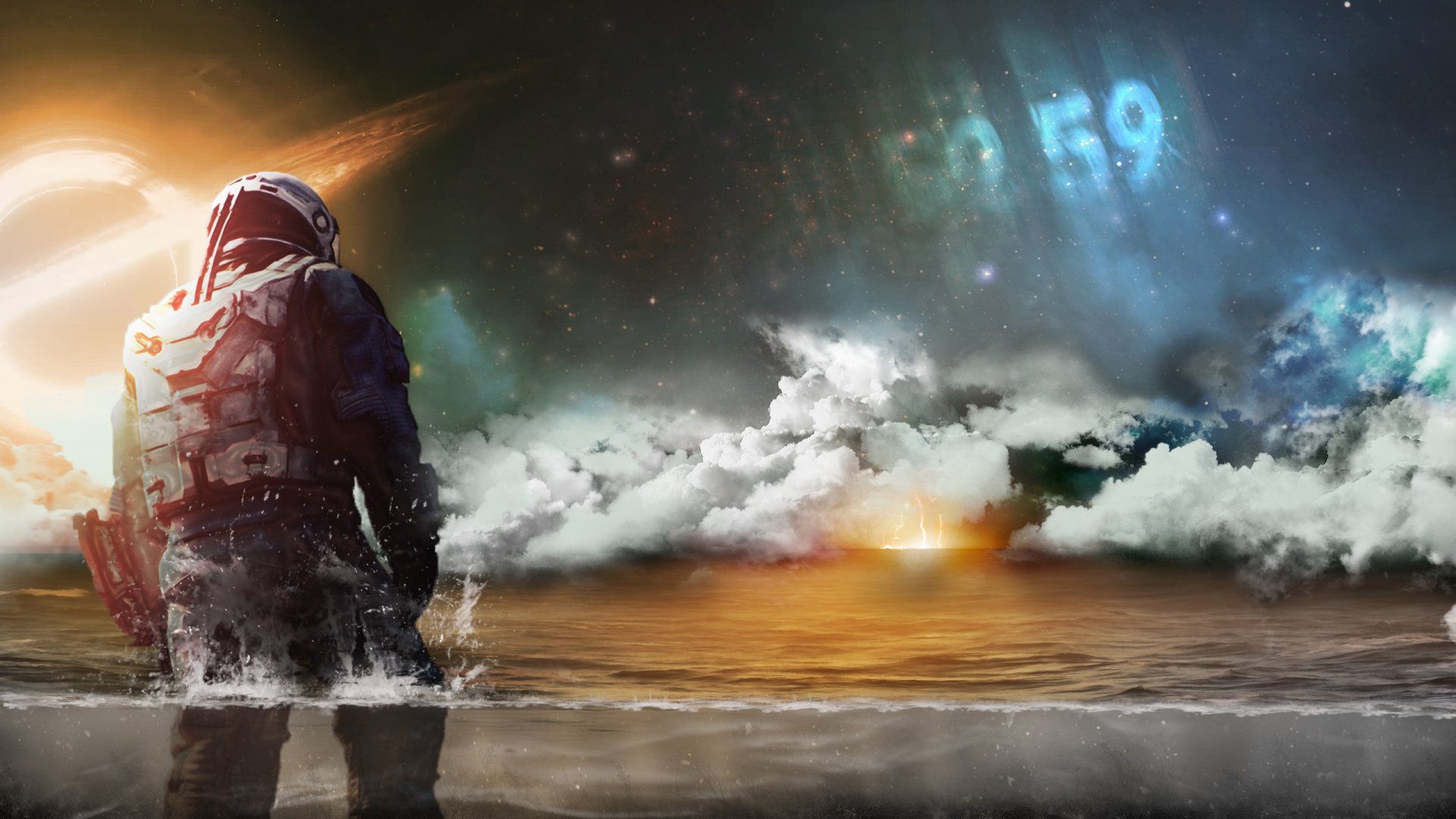 An astronaut stands in a stormy ocean landscape, surrounded by dramatic clouds and hints of technology, evoking themes from the movie Interstellar.