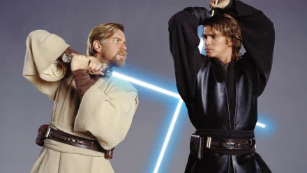 A dynamic scene featuring Ewan McGregor as Obi-Wan Kenobi and Hayden Christensen as Anakin Skywalker, showcasing their lightsaber duel from Star Wars Episode III: Revenge of the Sith.