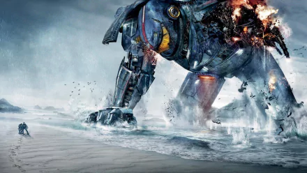 HD PC desktop wallpaper featuring a battle-damaged Jaeger from the movie Pacific Rim standing in a frozen, desolate landscape.