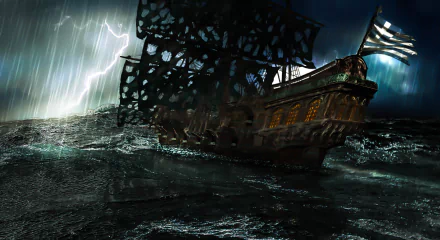 HD PC desktop wallpaper: a Greek ship with a tattered flag ploughs churning seas under dark storm clouds as lightning strikes, a dramatic fantasy scene.