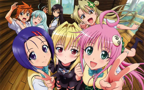 A vibrant HD wallpaper featuring characters from the anime To Love-Ru, showcasing a lively group of girls posing playfully in a cozy setting.