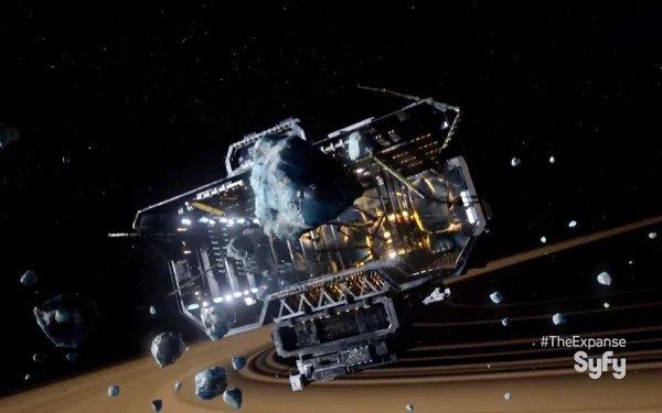 HD desktop wallpaper from The Expanse featuring a spacecraft amidst asteroids with the Syfy channel logo.