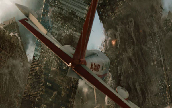 HD PC desktop wallpaper from the 2012 movie showing a plane flying near collapsing skyscrapers amid a chaotic urban disaster scene.