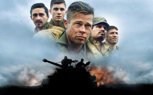 A striking HD desktop wallpaper from the movie Fury, featuring a group of soldiers amidst smoky battle scenes and a silhouetted tank, capturing the intensity of war.