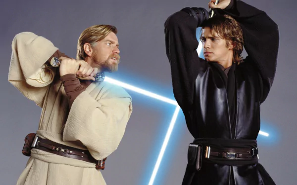 A dynamic scene featuring Ewan McGregor as Obi-Wan Kenobi and Hayden Christensen as Anakin Skywalker, showcasing their lightsaber duel from Star Wars Episode III: Revenge of the Sith.