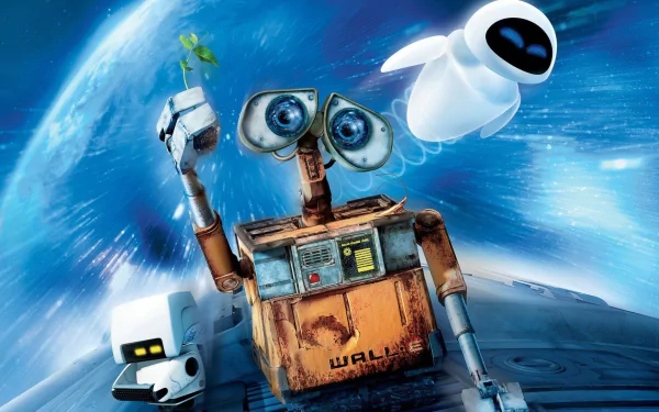 HD PC desktop wallpaper featuring characters Wall·E and EVE from the movie Wall·E against a space backdrop with Earth in the distance.