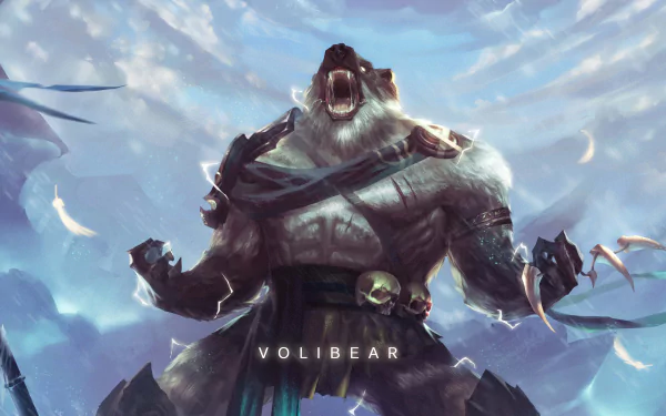 HD PC desktop wallpaper featuring Volibear from League of Legends, showcasing the fierce bear champion roaring against a cloudy sky backdrop.