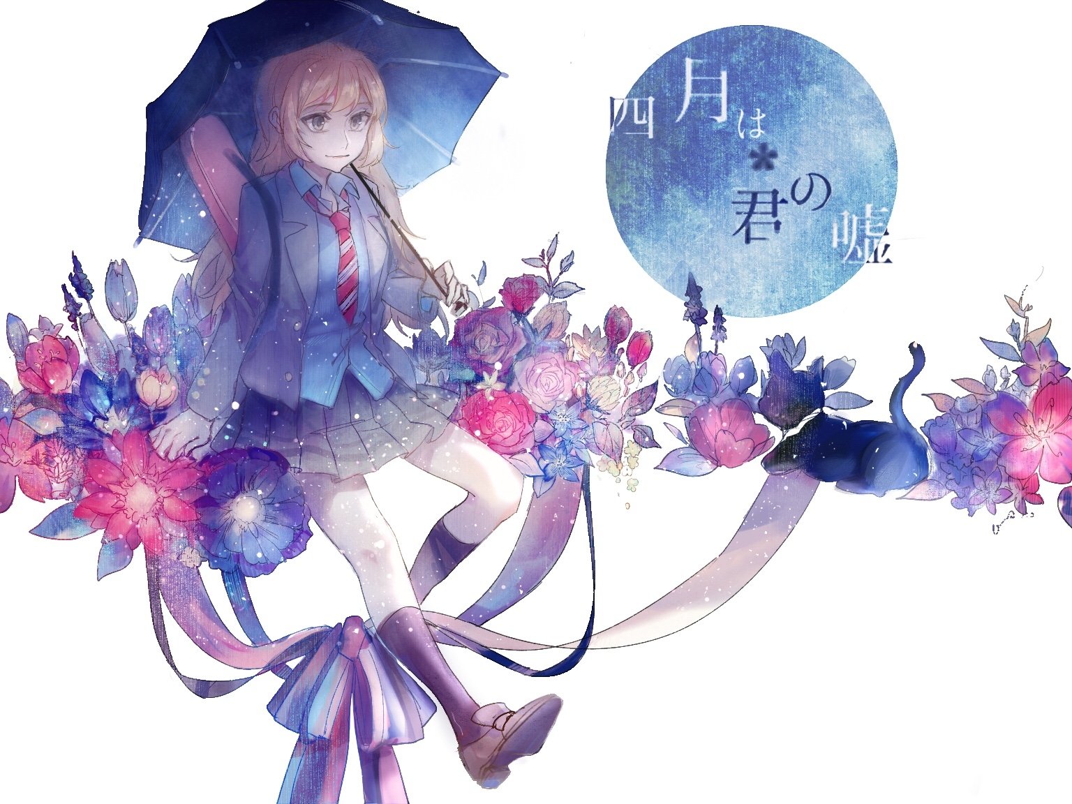 A vibrant HD wallpaper featuring Kaori Miyazono from the anime Your Lie in April, surrounded by colorful flowers and an enchanting atmosphere.