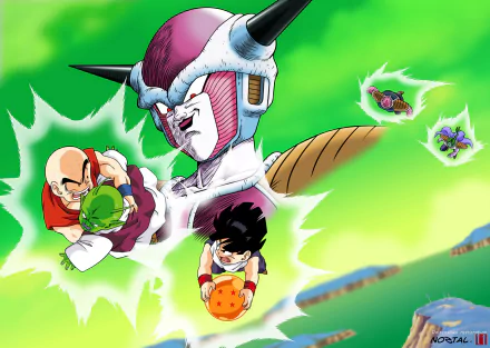 High-definition wallpaper featuring key characters from Dragon Ball Z: Frieza, Dodoria, Zarbon, Dende, Gohan, and Krillin, set against a vibrant green background.
