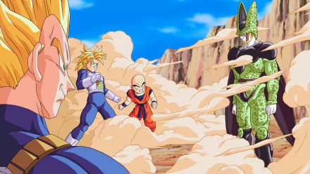 HD desktop wallpaper featuring characters from Dragon Ball Z: Vegeta, Trunks, Krillin, and Cell, standing amidst rocky terrain with dramatic clouds of dust.