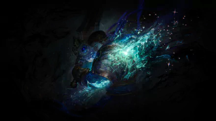 HD PC wallpaper featuring Garen, the warrior from League of Legends, depicted with glowing blue energy in a dynamic, dark-themed video game setting.