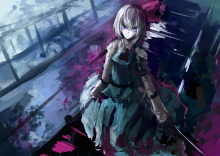A character with white short hair and blue eyes, Youmu Konpaku, stands wielding a katana against a vibrant, abstract background, creating a striking anime scene in 4K Ultra HD.