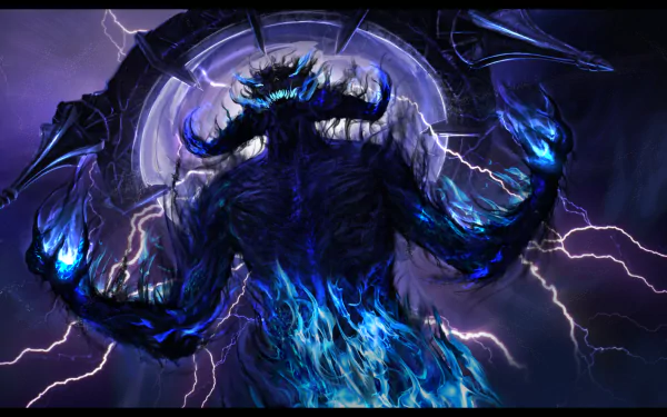 A powerful, blue-flamed monster emerges against a dramatic background of lightning and arcane symbols in this HD wallpaper for The Elder Scrolls Online.