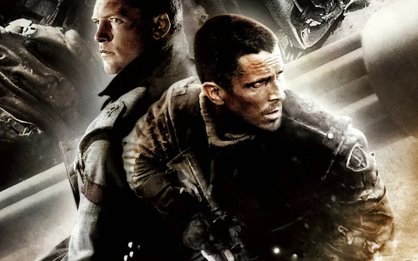 HD PC desktop wallpaper featuring Sam Worthington and Christian Bale in a dramatic scene from the movie Terminator Salvation.