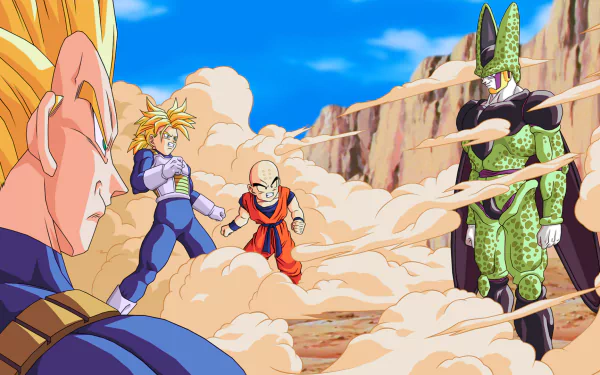 HD desktop wallpaper featuring characters from Dragon Ball Z: Vegeta, Trunks, Krillin, and Cell, standing amidst rocky terrain with dramatic clouds of dust.