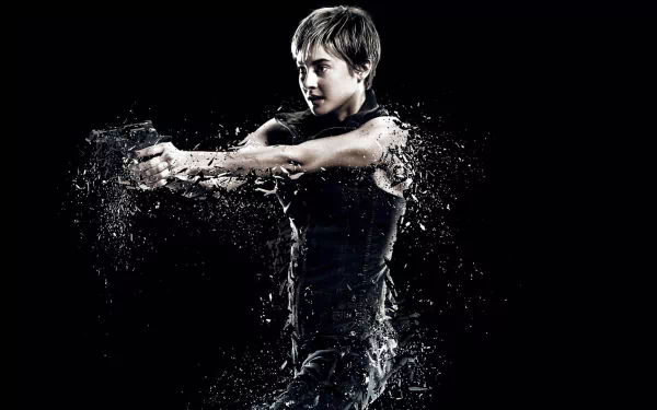 HD PC desktop wallpaper: a character from the movie Insurgent aims a handgun as water splashes around them against a stark black background.
