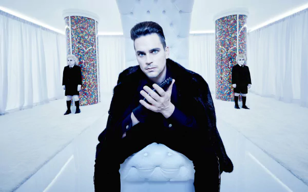 HD desktop wallpaper featuring Matt Bomer from the TV show American Horror Story, set in a surreal, minimalist environment with two eerie figures in the background.