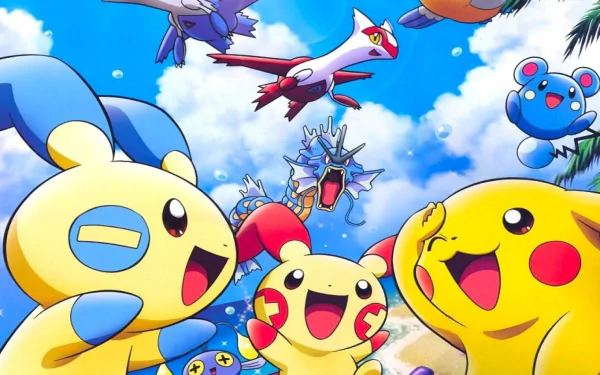 HD desktop wallpaper featuring animated Pokémon characters including Chinchou, Gyarados, Minun, Plusle, Pikachu, Latias, Latios, Pelipper, and Azurill, with a vibrant sky background.