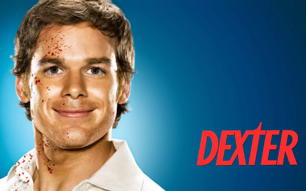 HD desktop wallpaper for the TV show Dexter: Dexter Morgan smiling with blood spatters on his face against a blue background and the red DEXTER logo.