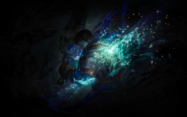 HD PC wallpaper featuring Garen, the warrior from League of Legends, depicted with glowing blue energy in a dynamic, dark-themed video game setting.