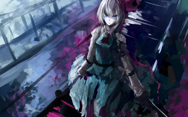 A character with white short hair and blue eyes, Youmu Konpaku, stands wielding a katana against a vibrant, abstract background, creating a striking anime scene in 4K Ultra HD.