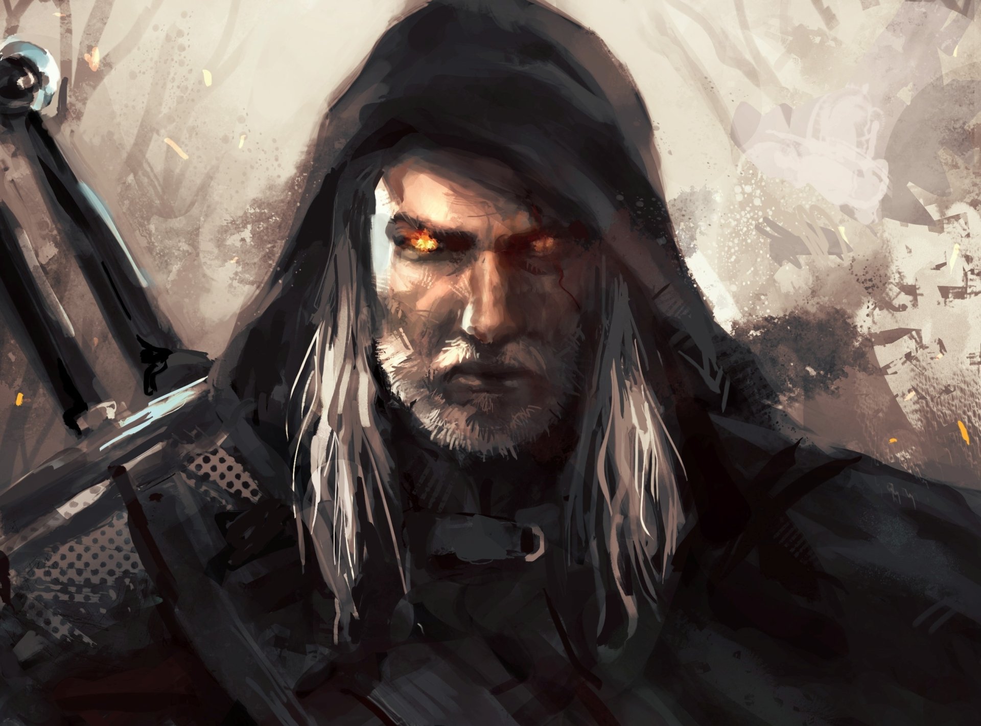 An intense close-up of Geralt of Rivia from The Witcher 3: Wild Hunt, showcasing his striking features and fierce expression, set against a dynamic, artistic background.