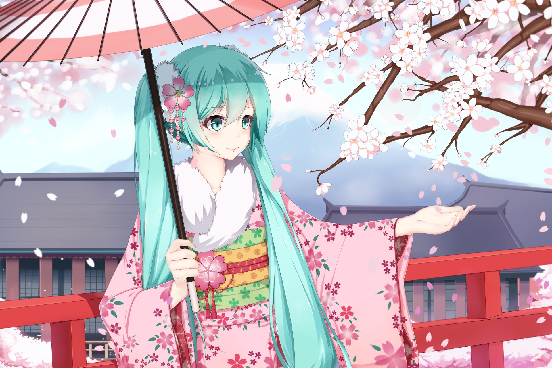 Anime character Hatsune Miku with blue hair and eyes, wearing a kimono, holding an umbrella under sakura blossoms. The desktop wallpaper features vibrant twintails and floating petals in an HD background.