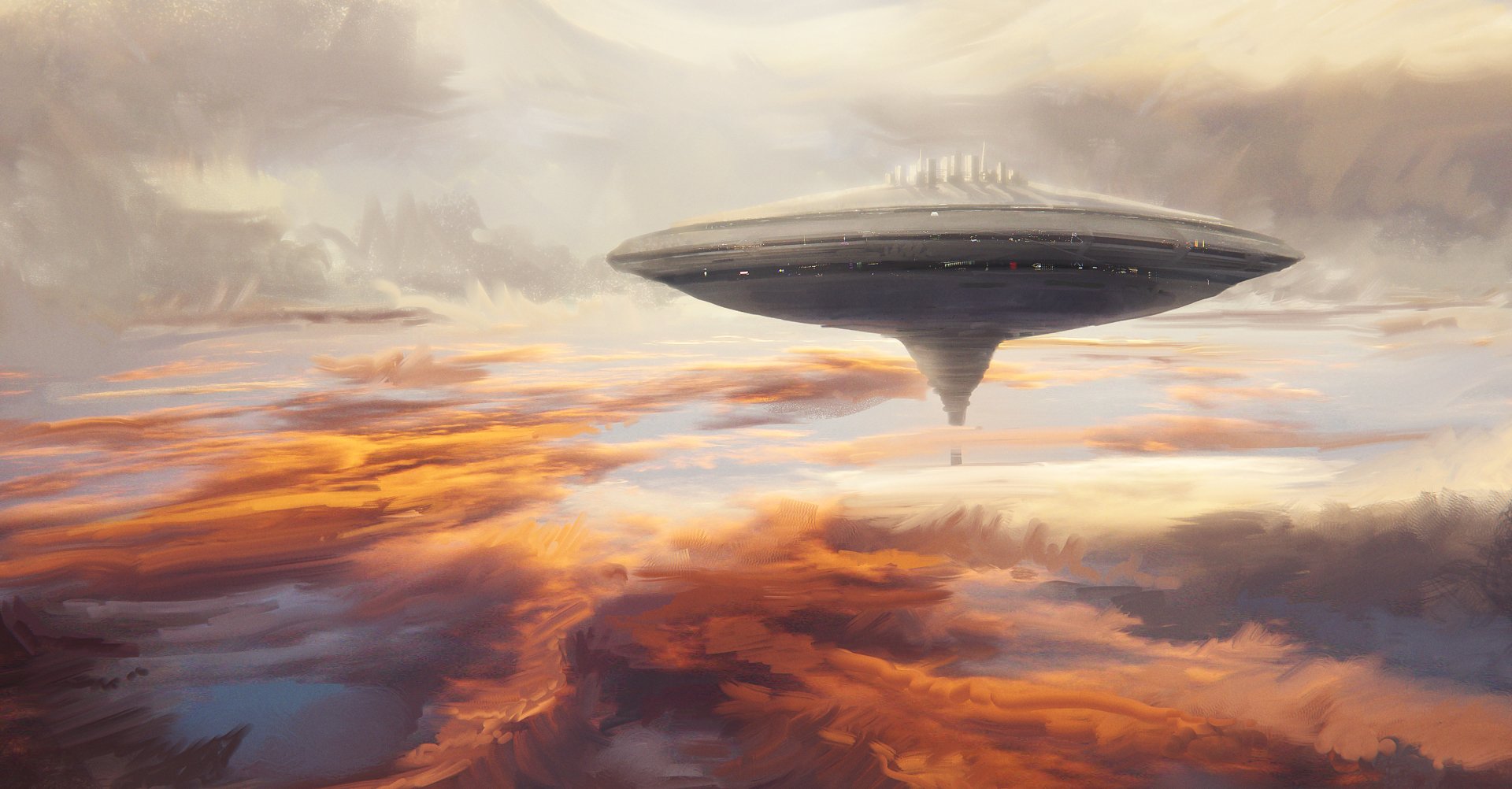 A sci-fi cityscape featuring a hovering spacecraft set against a dramatic cloud-filled sky and vibrant orange clouds, inspired by the Star Wars universe. HD desktop wallpaper.